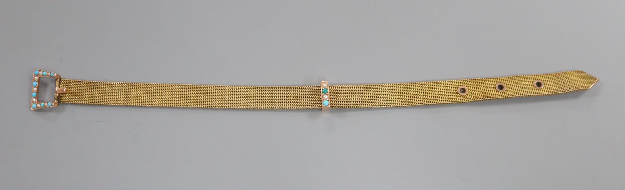 A yellow metal mounted turquoise and seed pearl set mesh link bracelet, overall 22.5cm, gross 20 grams.